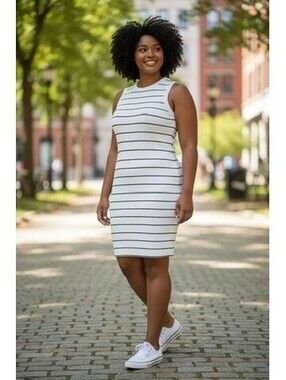 A New Day Women's Sleeveless White and Black Striped Knit Dress, Size XL